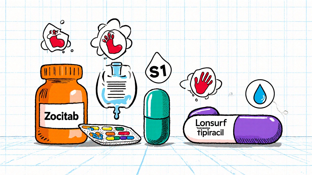 5‑FU、テガフール、S‑1、LonsurfとZocitabの薬剤と副作用アイコンが並んだイラスト
