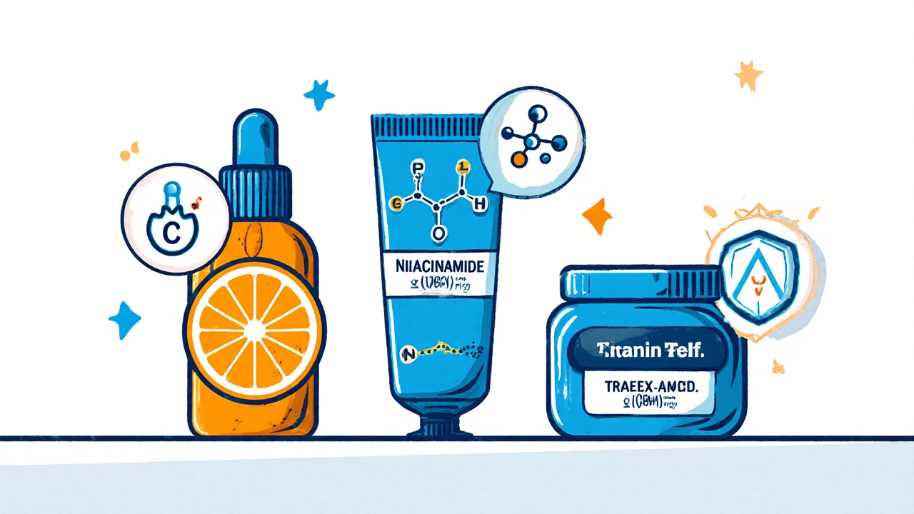 ビタミンC、ナイアシンアミド、トラネキサム酸の製品が並んだイラスト。