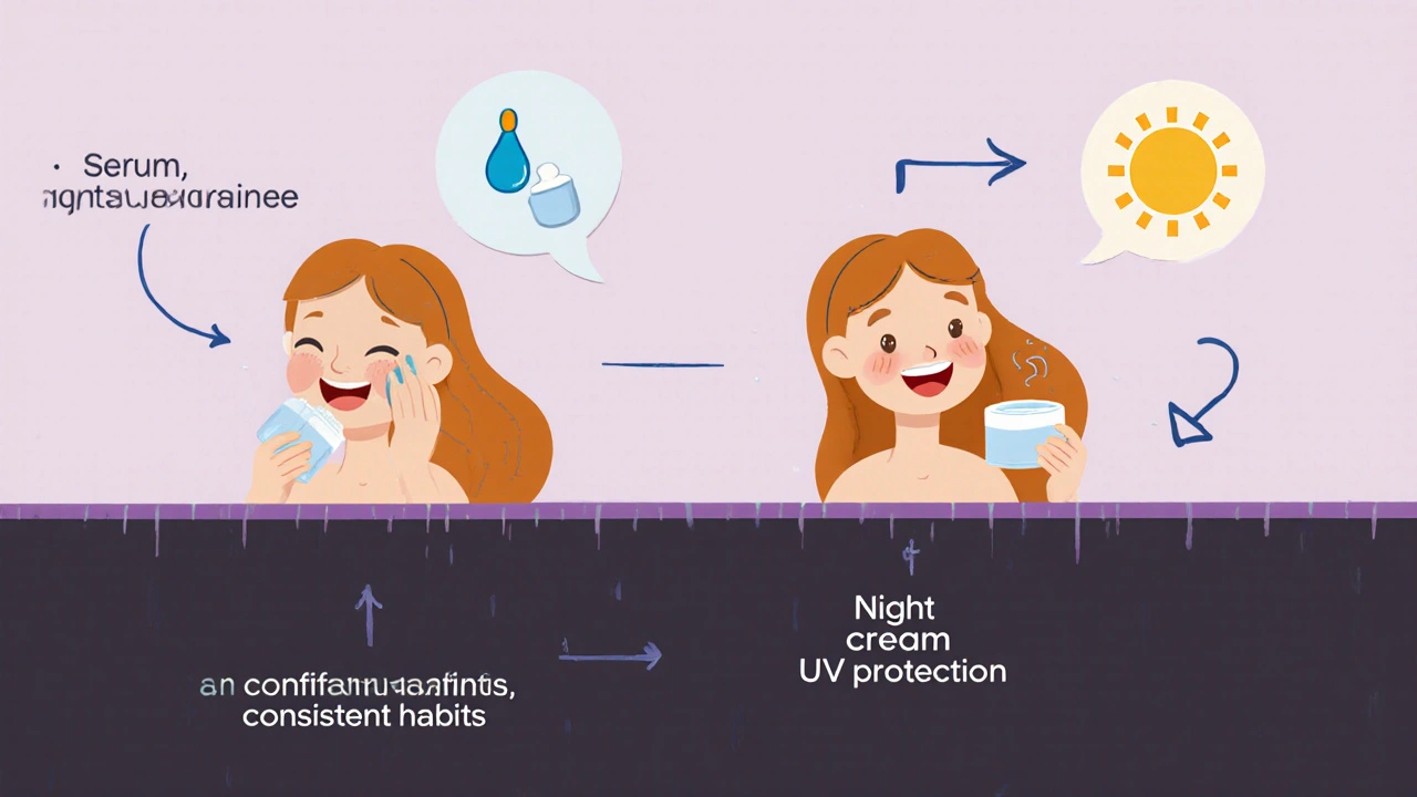 朝晩のスキンケア手順と日焼け止め使用を示すイラスト。