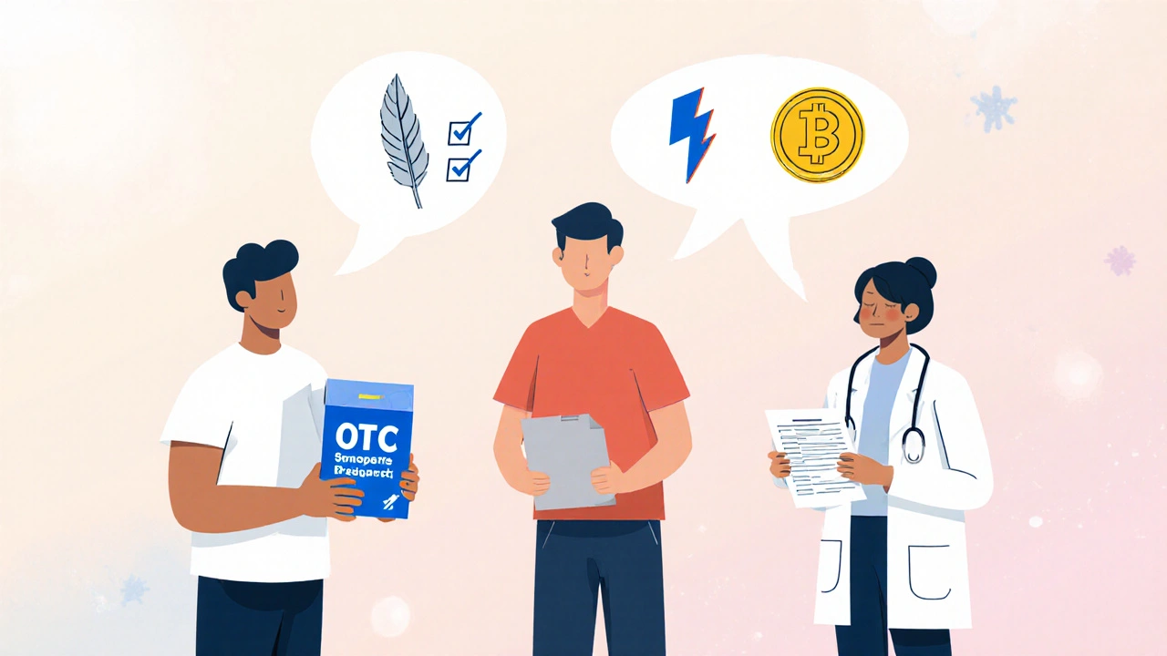 処方薬とOTCの選択を考える人物と医師のイラスト