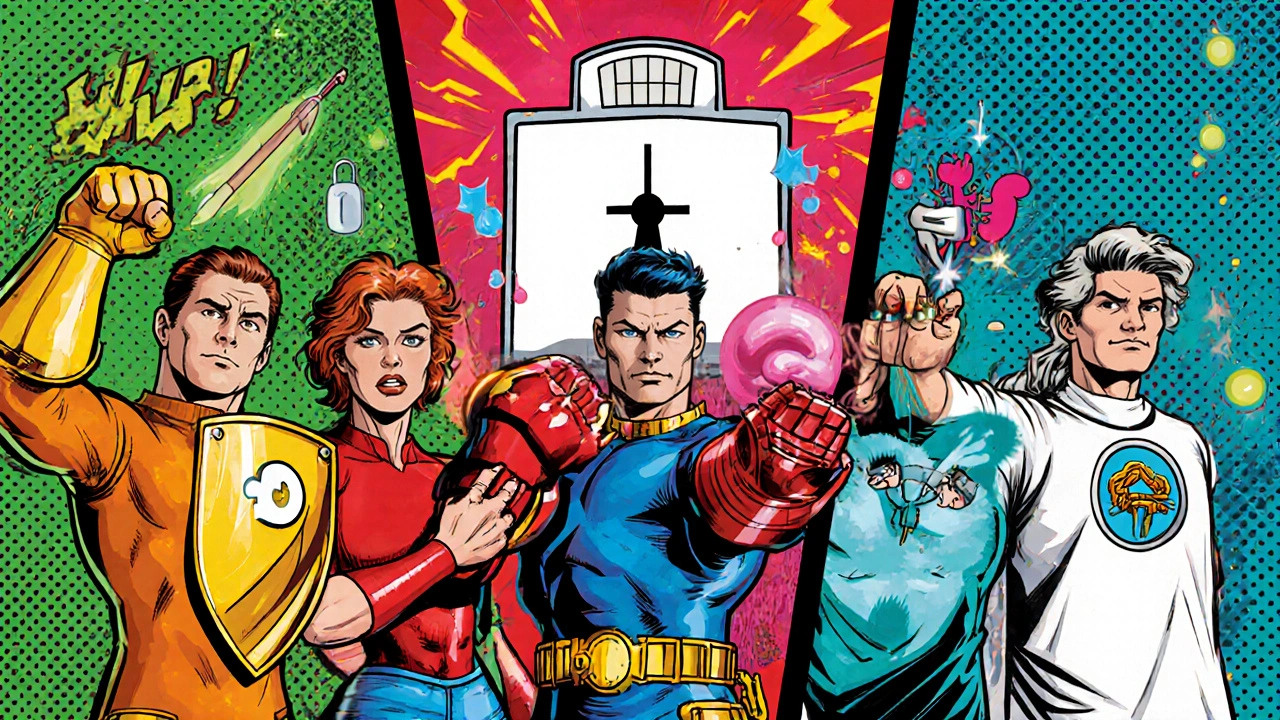 Five drug characters with distinct symbols line up for a showdown.