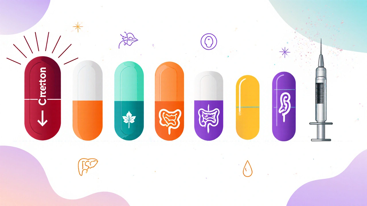 各スタチンと代替薬の錠剤が並び、効果と副作用を示すアイコンが添えられたイラスト。