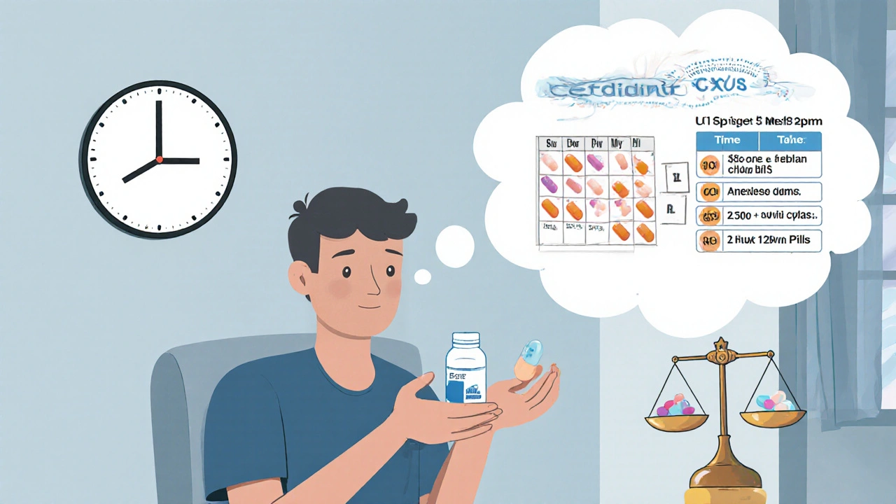 患者が1日1回の服薬と複数回服薬を比較するシーンのイラスト