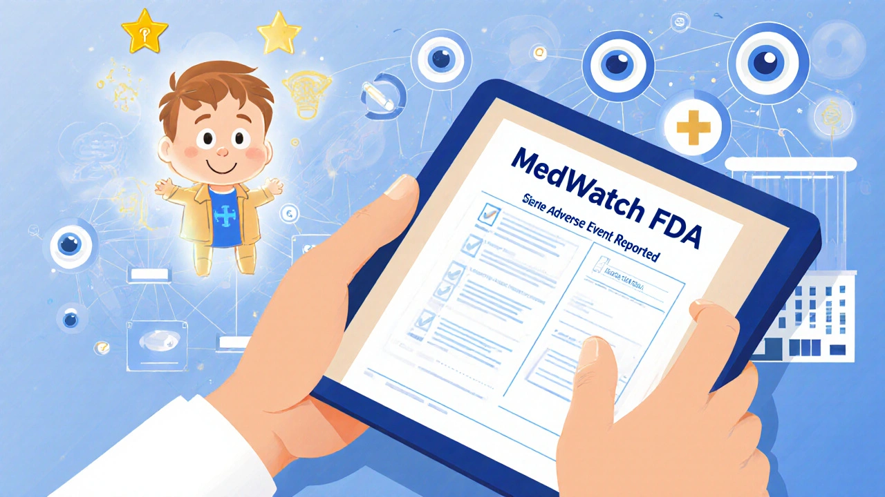 患者がFDAに副作用を報告し、医療システムがリアルタイムで監視している様子。