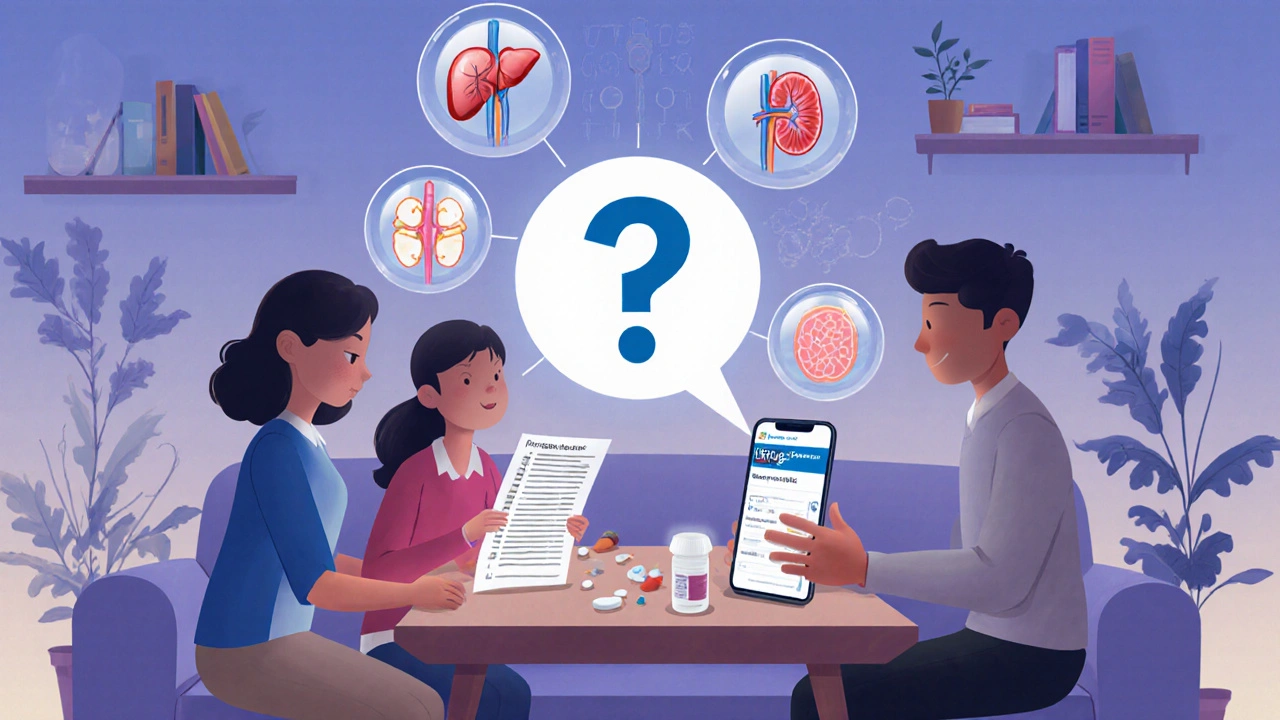 家族が薬のリストをもってスマートフォンで相互作用を確認している様子。