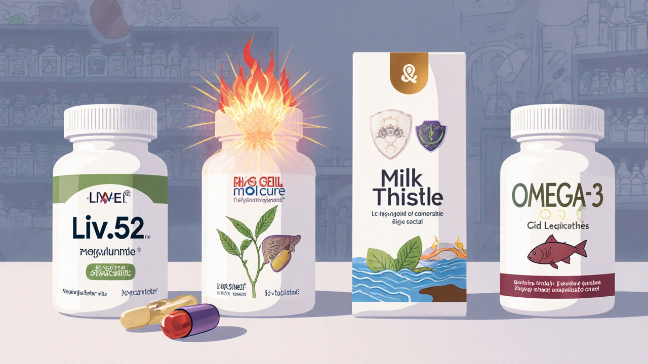 Liv.52、NAC、ミルクシスル、オメガ3の比較イラスト