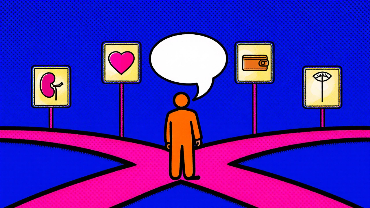 Patient at crossroads with icons for kidney, heart, wallet, and weight.