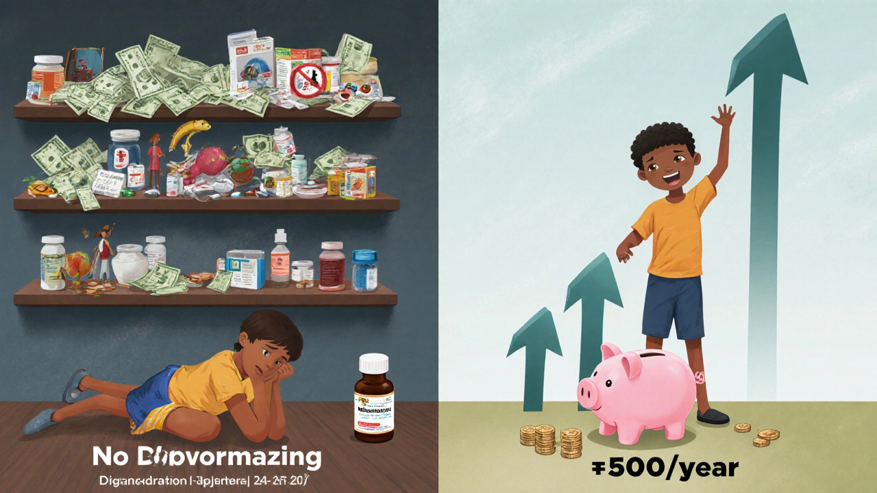 駆虫しない場合と1年1回駆虫する場合の生活の対比を示すイラスト。