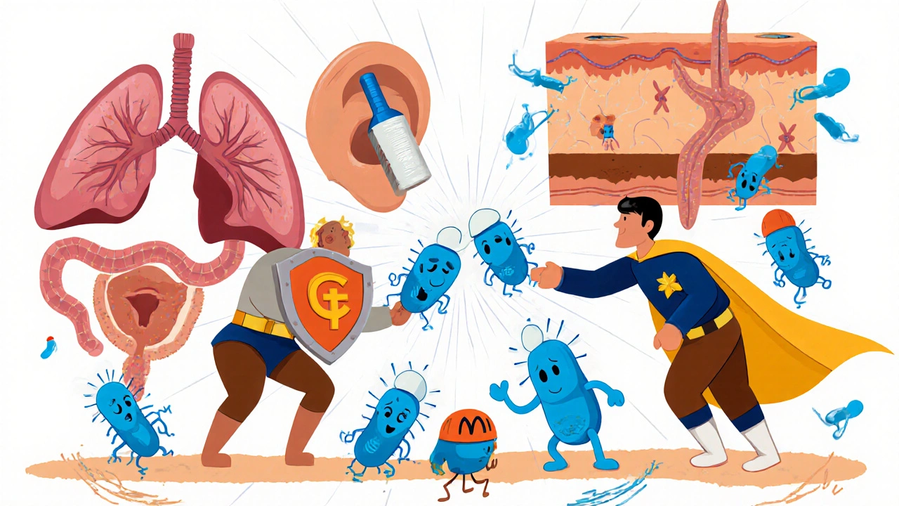 体内の肺・耳・皮膚などで薬が細菌と戦う様子のイラスト