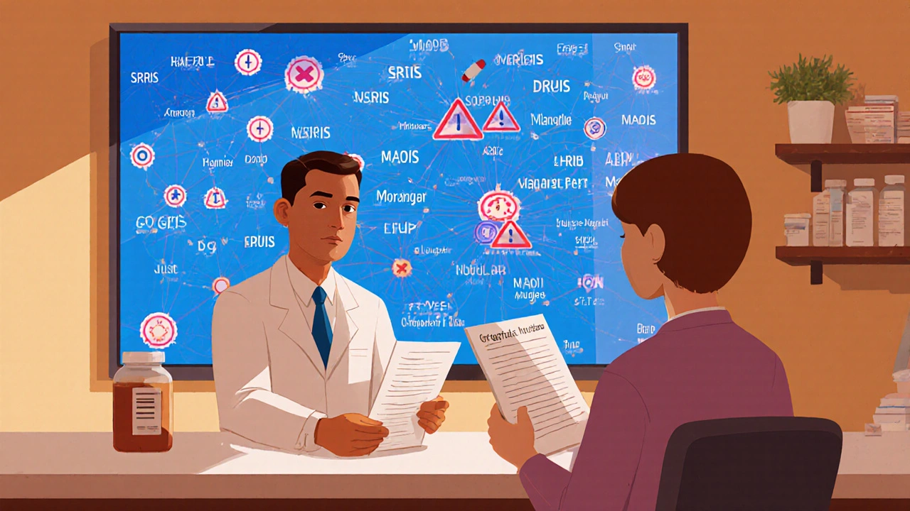 薬剤師が患者に処方箋を渡し、背景に薬の相互作用の警告が表示されている。