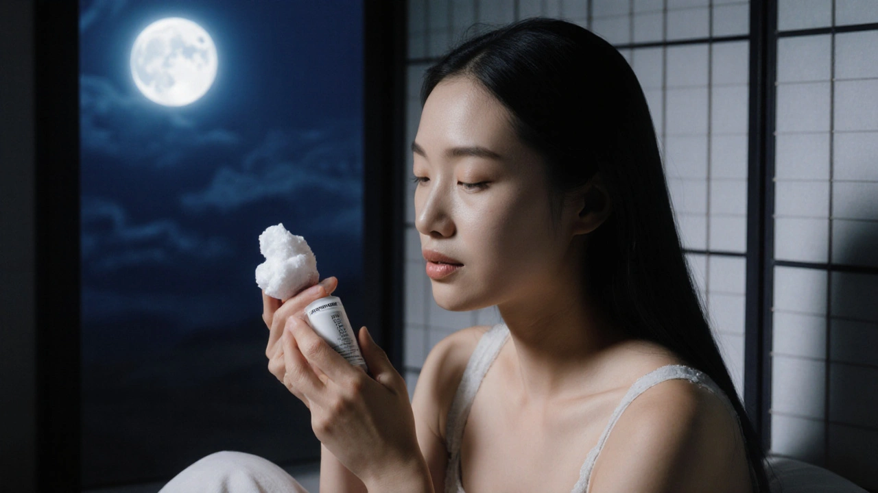 月明かりの部屋でTretinoinを塗る日本人女性の夜のスキンケアルーティン。