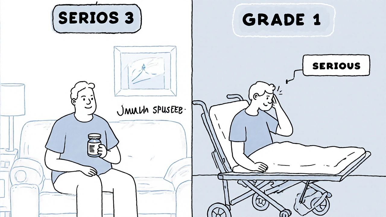 軽度の頭痛で救急搬送された患者と、重度の副作用でも自宅で安静にする患者の対比図。