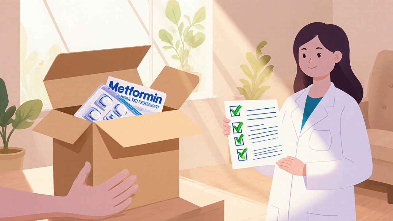 自宅で薬を受け取り、薬剤師がチェックリストを持つ安心感のイラスト。