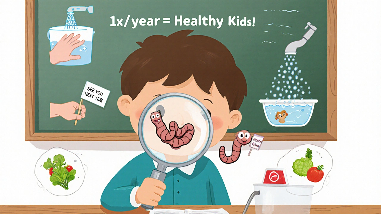 子どもが便検査で元気な虫とお別れする様子、手洗いや野菜洗いのアイコンが周囲に。