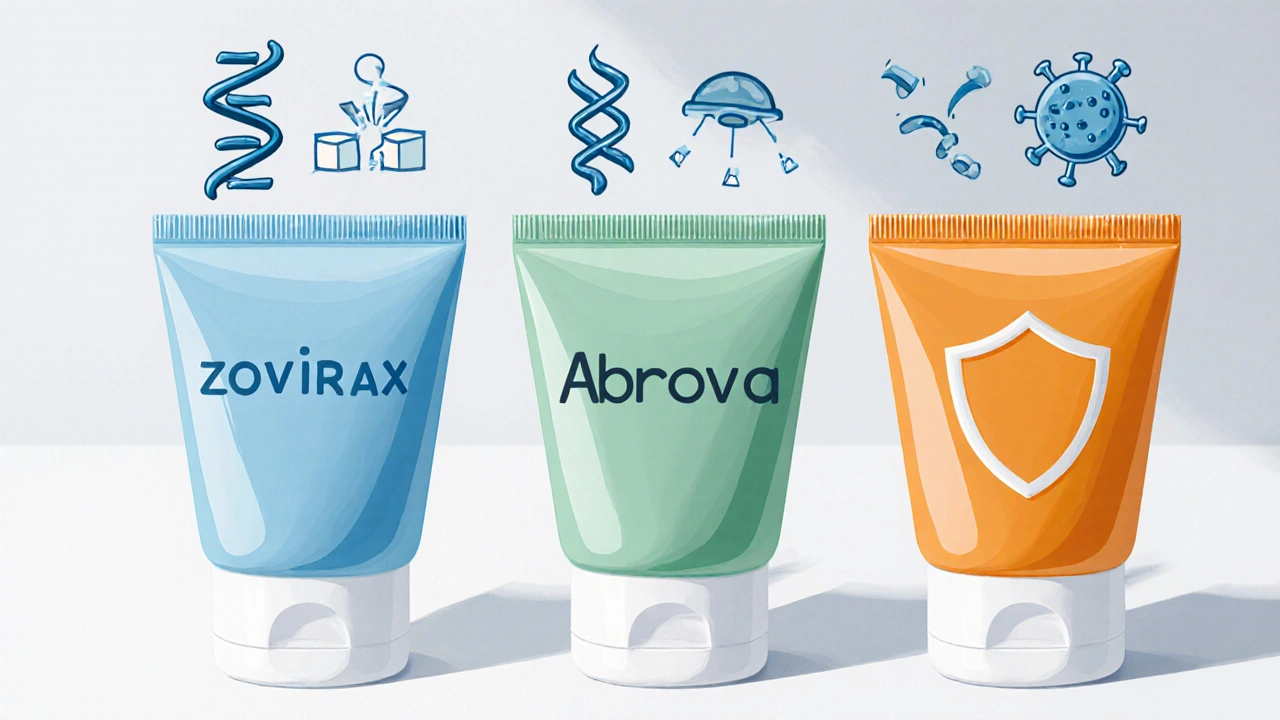 Zovirax、デノビル、アブレバの3つのクリームを比較するイラスト