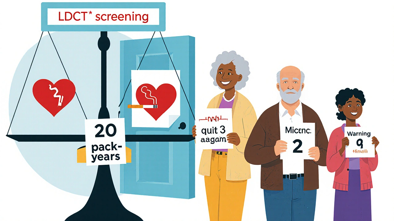 50〜80歳の多様な人々が喫煙歴のカードを持ち、肺がんスクリーニングの診療所に向かう様子。