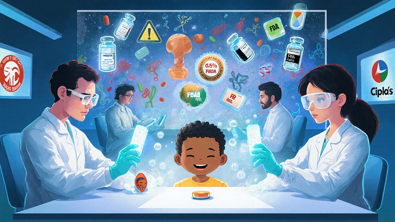 バイオシミラー開発に挑むインドの研究者と未来の医療ビジョンを描いたイラスト。