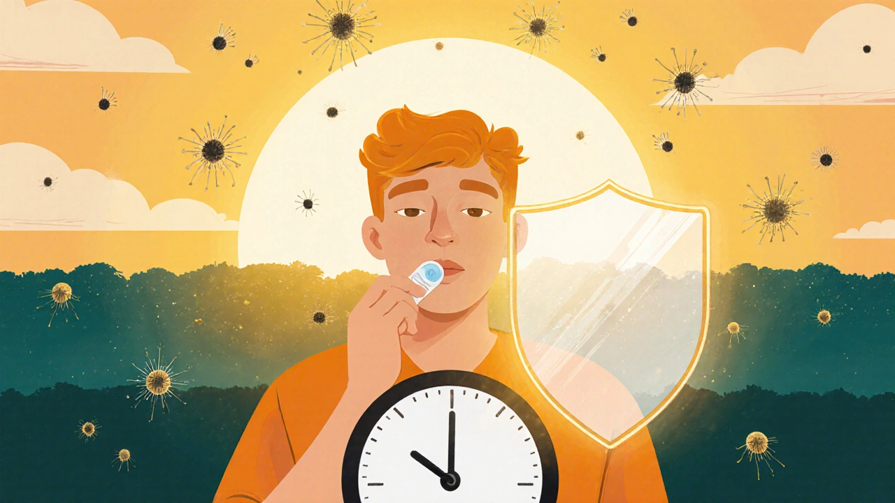 朝の光の中で第二世代抗ヒスタミン薬を飲む人物、花粉を防ぐ盾が浮かぶ情景