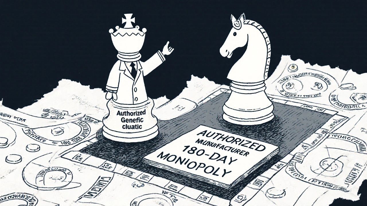 チェスボードで認可ジェネリックがジェネリックメーカーの独占を阻止する様子を象徴的に描いたイラスト。