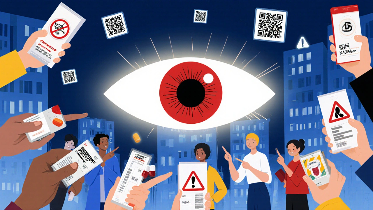 複数の人が薬の異常な特徴を指差しながら、見守る大きな目が浮かぶイラスト。