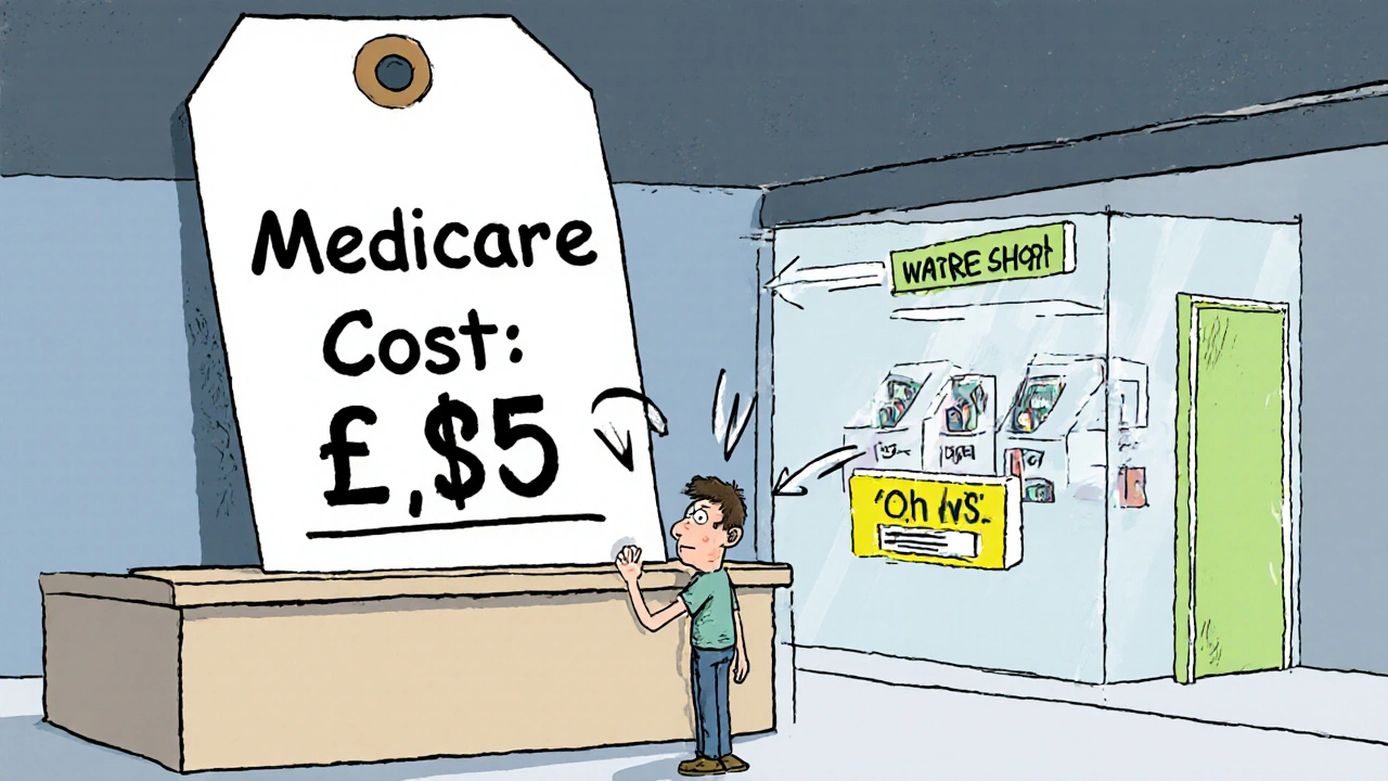 高額な医療費に圧倒される患者と、安価なオンライン薬局の対比。