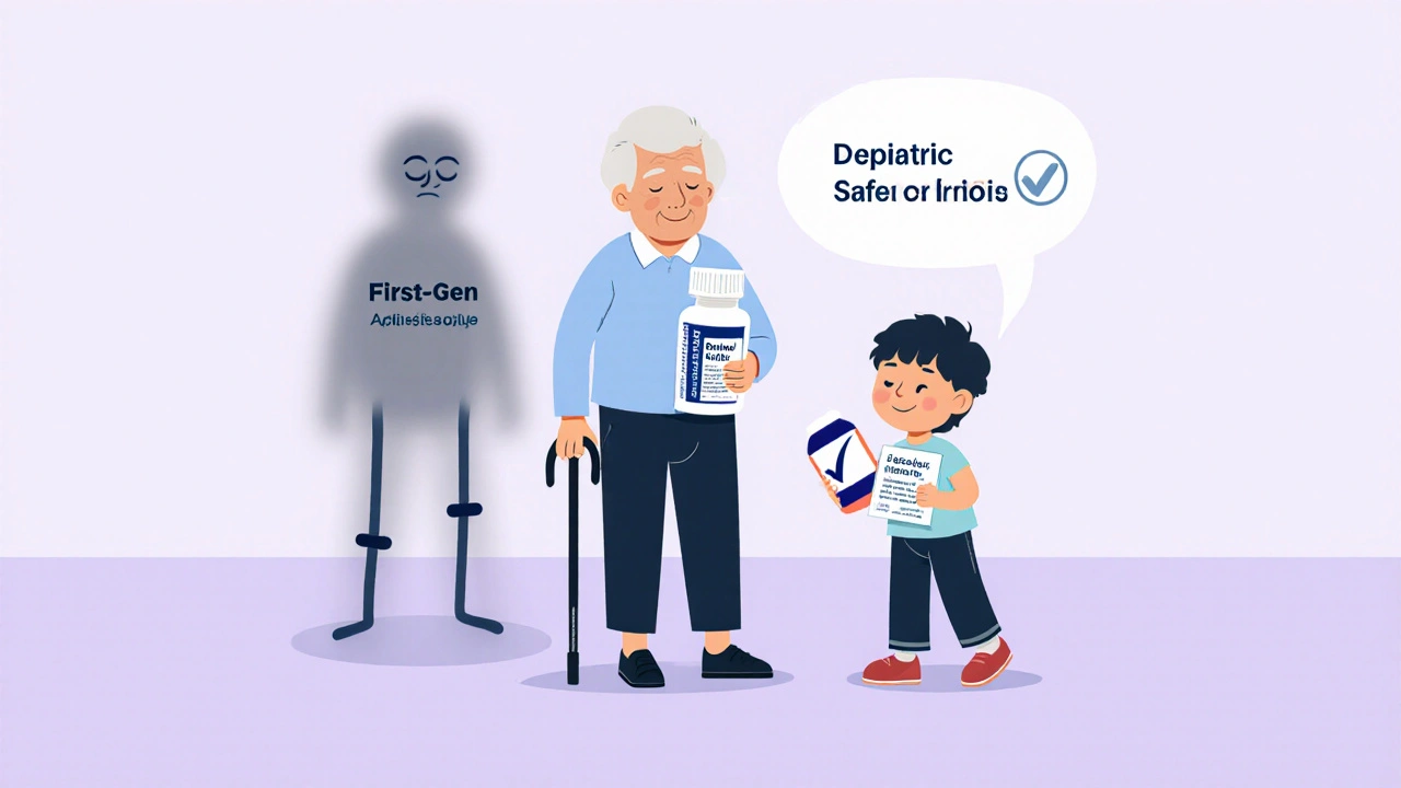 高齢者が安全な第二世代薬を手にし、眠気の影が薄れる様子を描いたイラスト