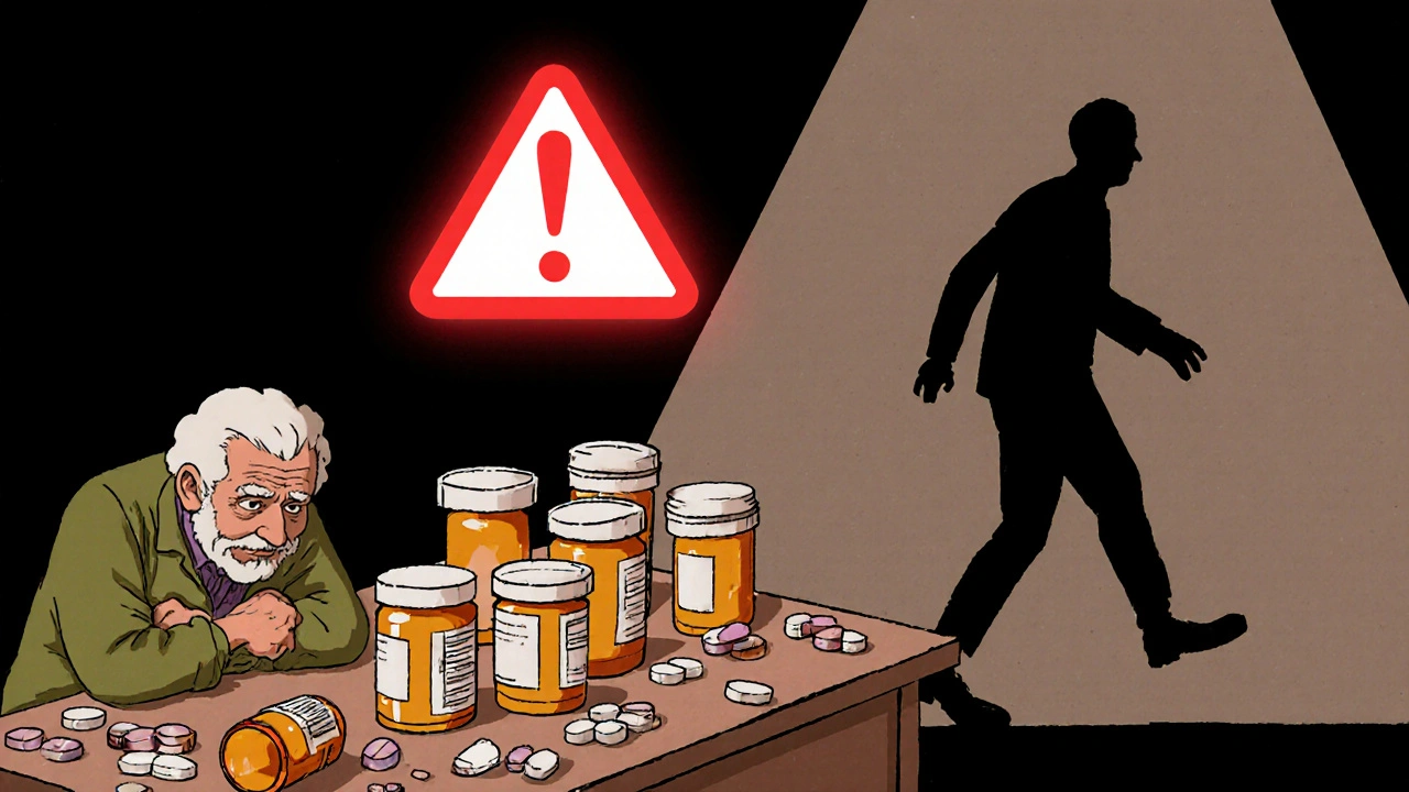 高齢者が複数の薬の瓶に囲まれ、転倒の影が背景に見える様子。