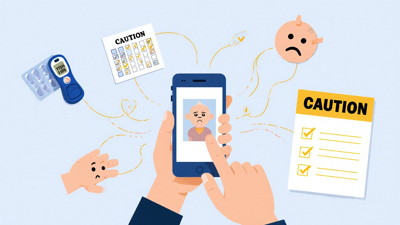 患者が薬のパッケージ写真をスマホで見ながら、体の変化を示すアイコンに囲まれている様子。