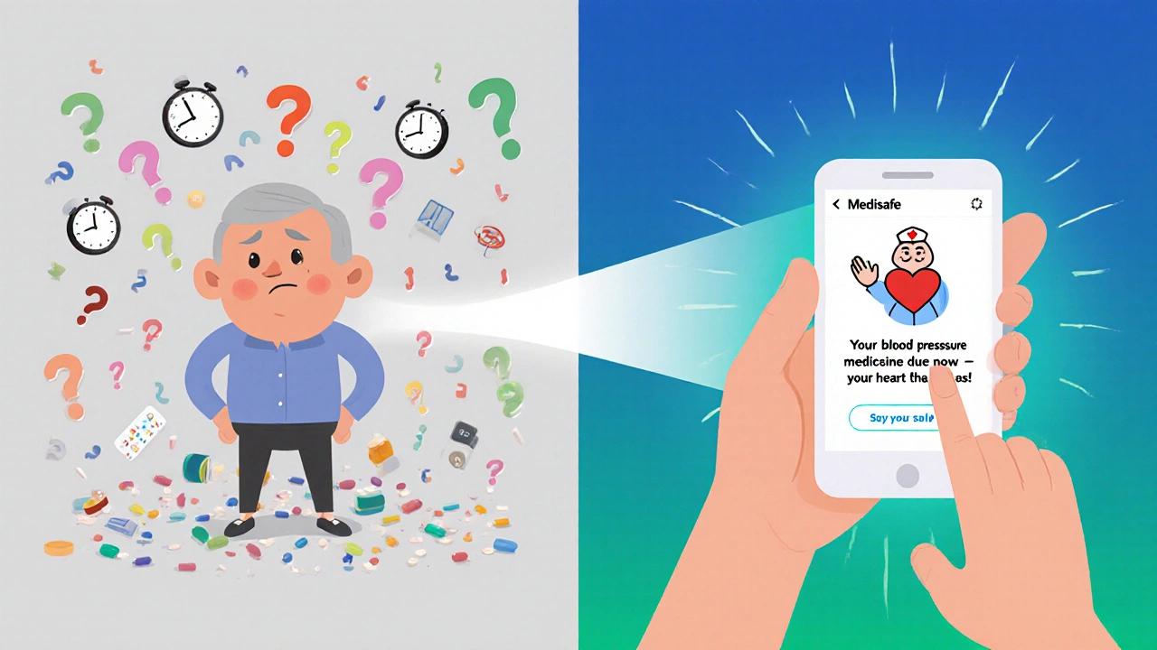 混乱した薬の山と、アプリで整理された安心した様子の対比を描いたイラスト。