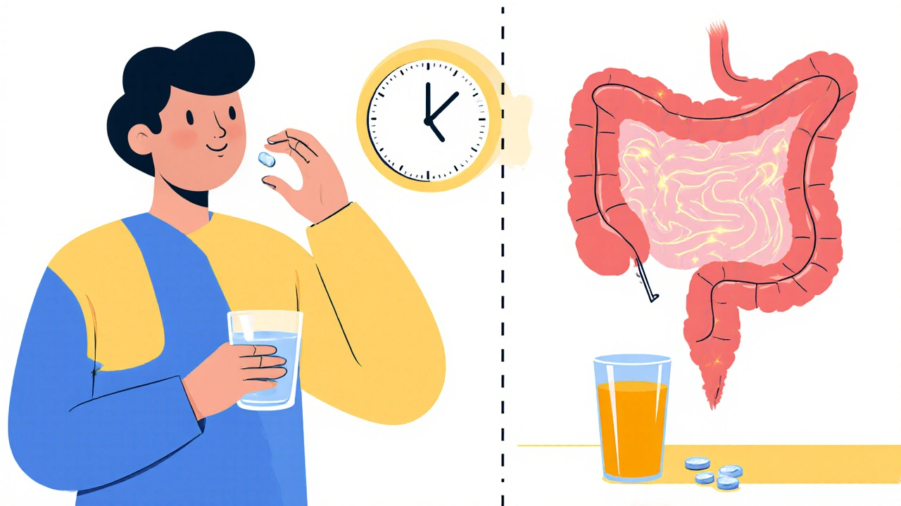 甲状腺薬と鉄・カルシウムサプリを時間差で服用する正しいスケジュールを示すイラスト。