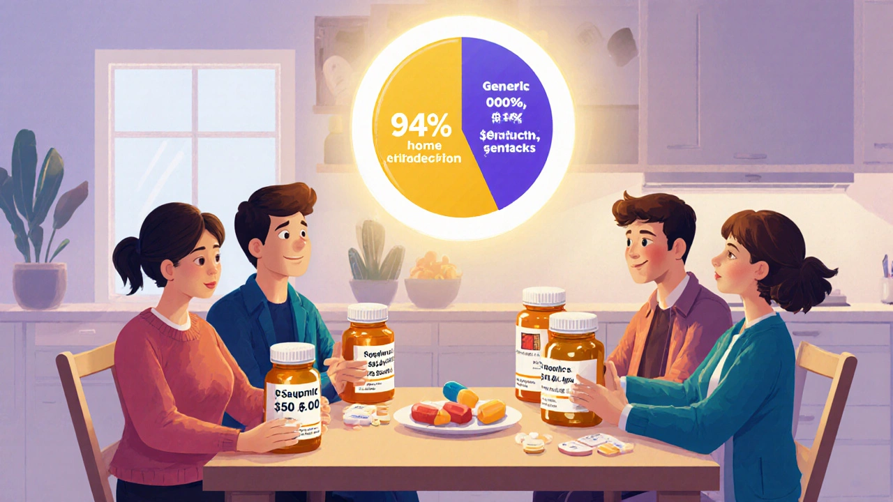 家族が慢性疾患の薬をジェネリックに切り替えて経済的負担が減る様子。