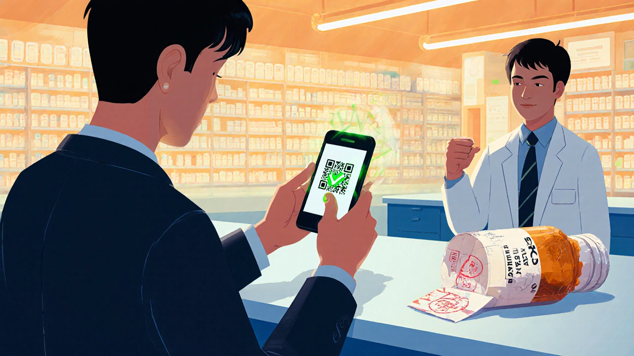 男性が薬局でQRコードをスキャンし、本物の薬であることを確認している様子。