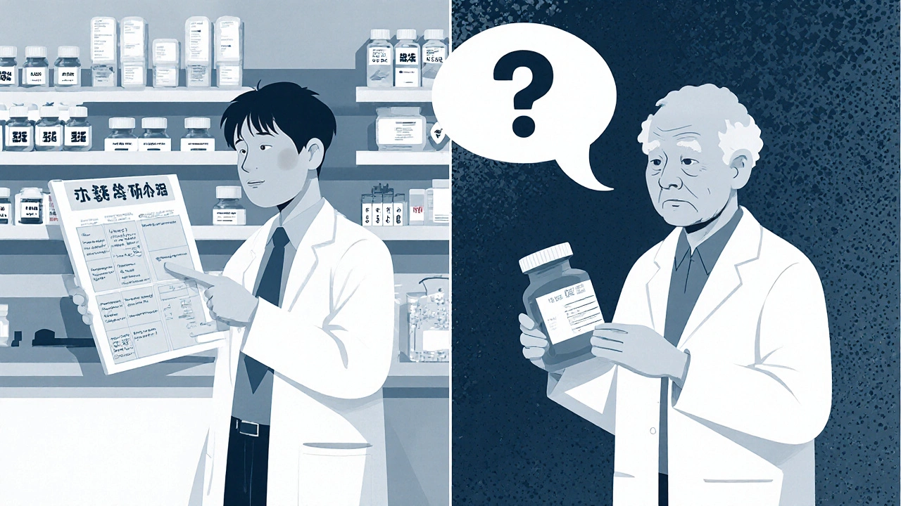 日本の薬局でジェネリックの価格と医師の懸念が対比される様子。