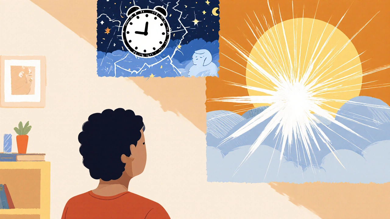 セラピストと退役軍人が一緒に、悪夢を平和なイメージに書き換える療法を受ける様子。