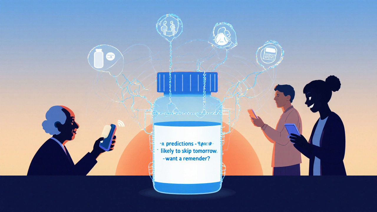 スマート薬瓶とスマホが連携し、AIが服薬を予測する未来の医療イメージ。