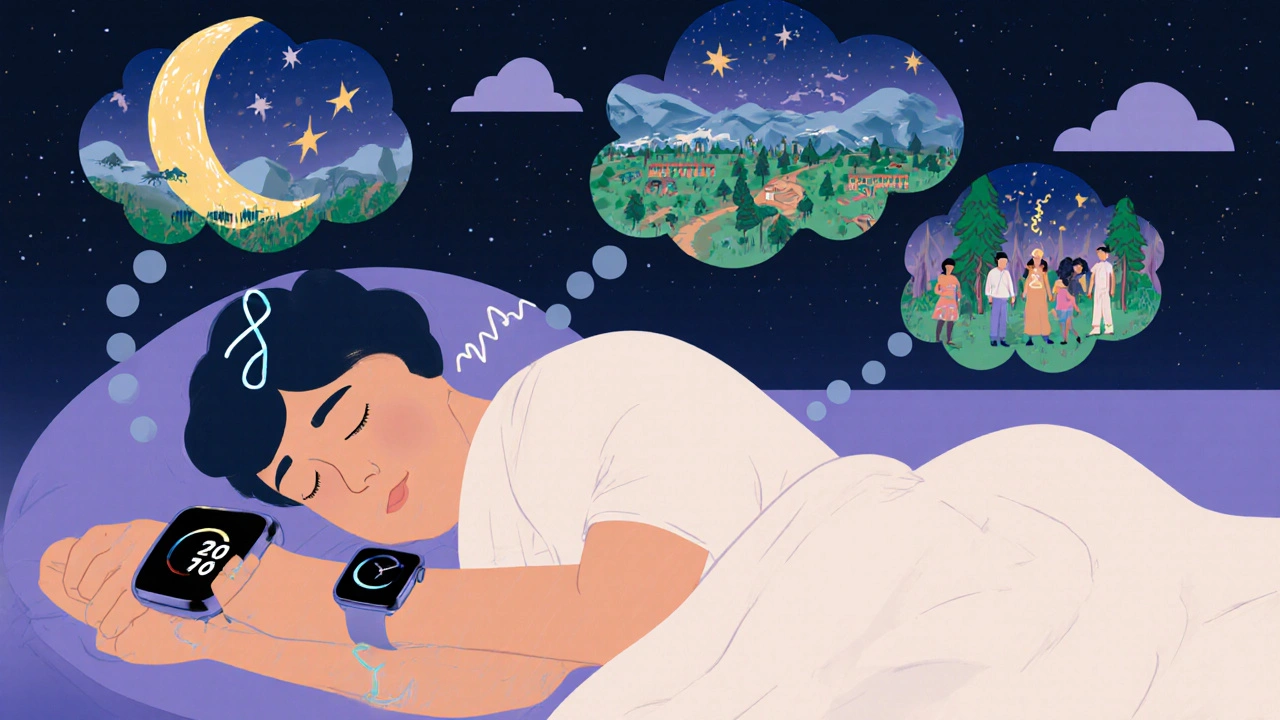 スマートウォッチが振動で悪夢を中断し、夢の風景が戦場から安らぎへと変わる様子。