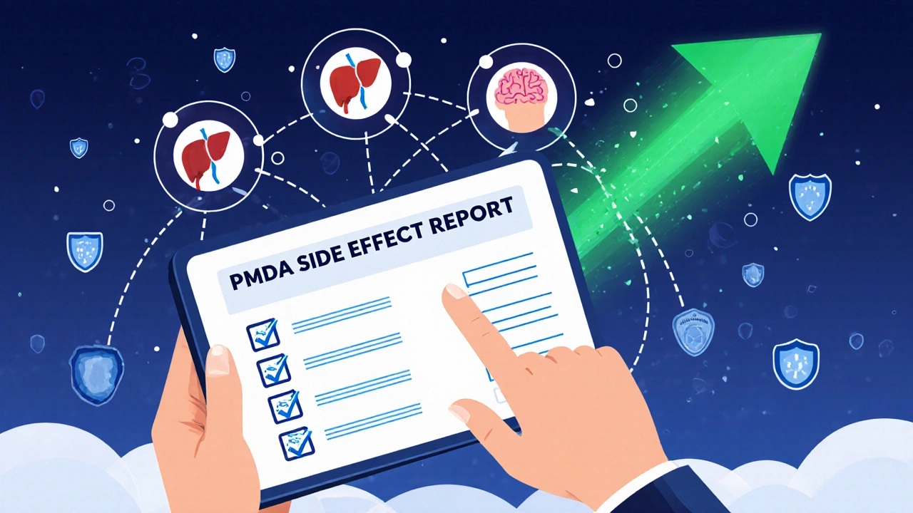 タブレットで副作用を報告する手と、心臓・肝臓・皮膚などの症状アイコンが浮かぶイラスト。
