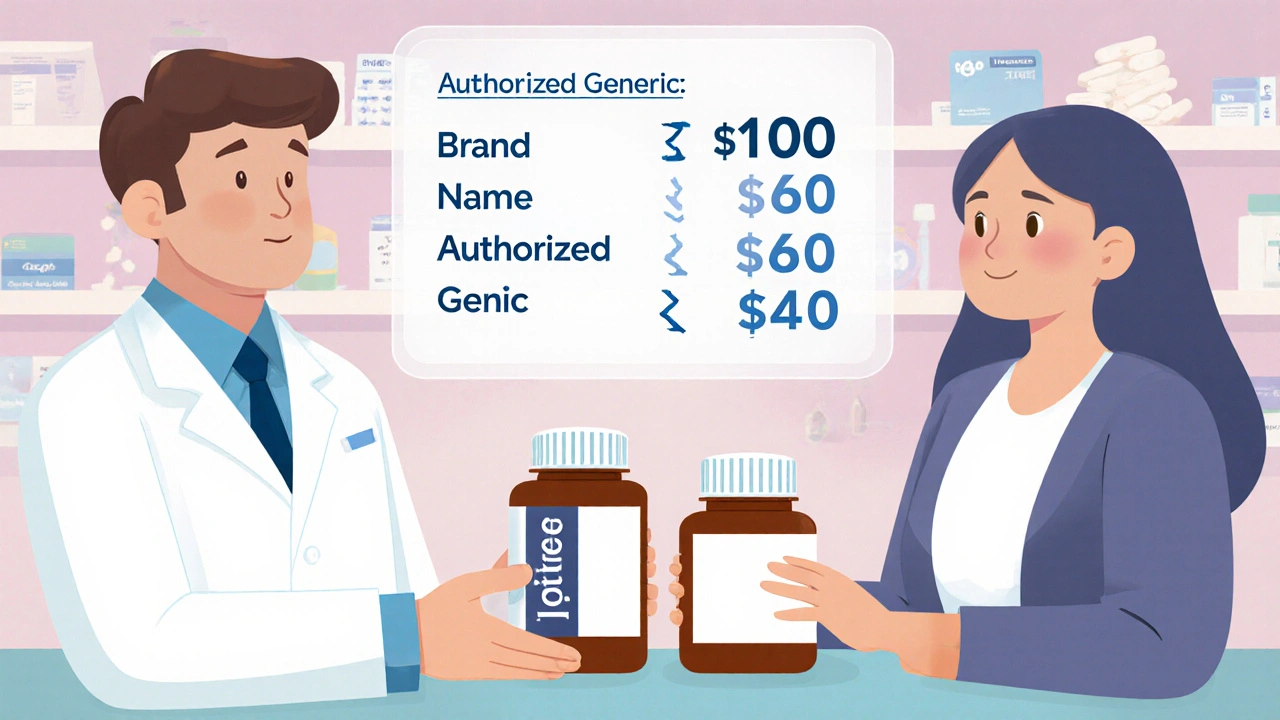 薬局でブランド薬と認可ジェネリックの価格を比較する薬剤師と患者