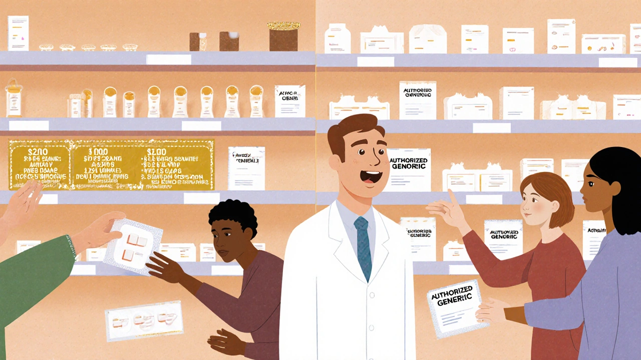 薬局の棚にブランド薬と認可ジェネリックが並び、患者と医師が選ぶ様子を描いたイラスト。