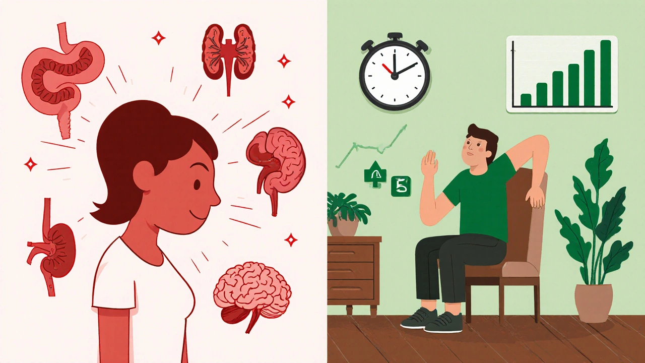 薬に頼る生活と自宅での運動生活を対比させたイラスト。赤い警告と緑の成長シンボルで分かれている。