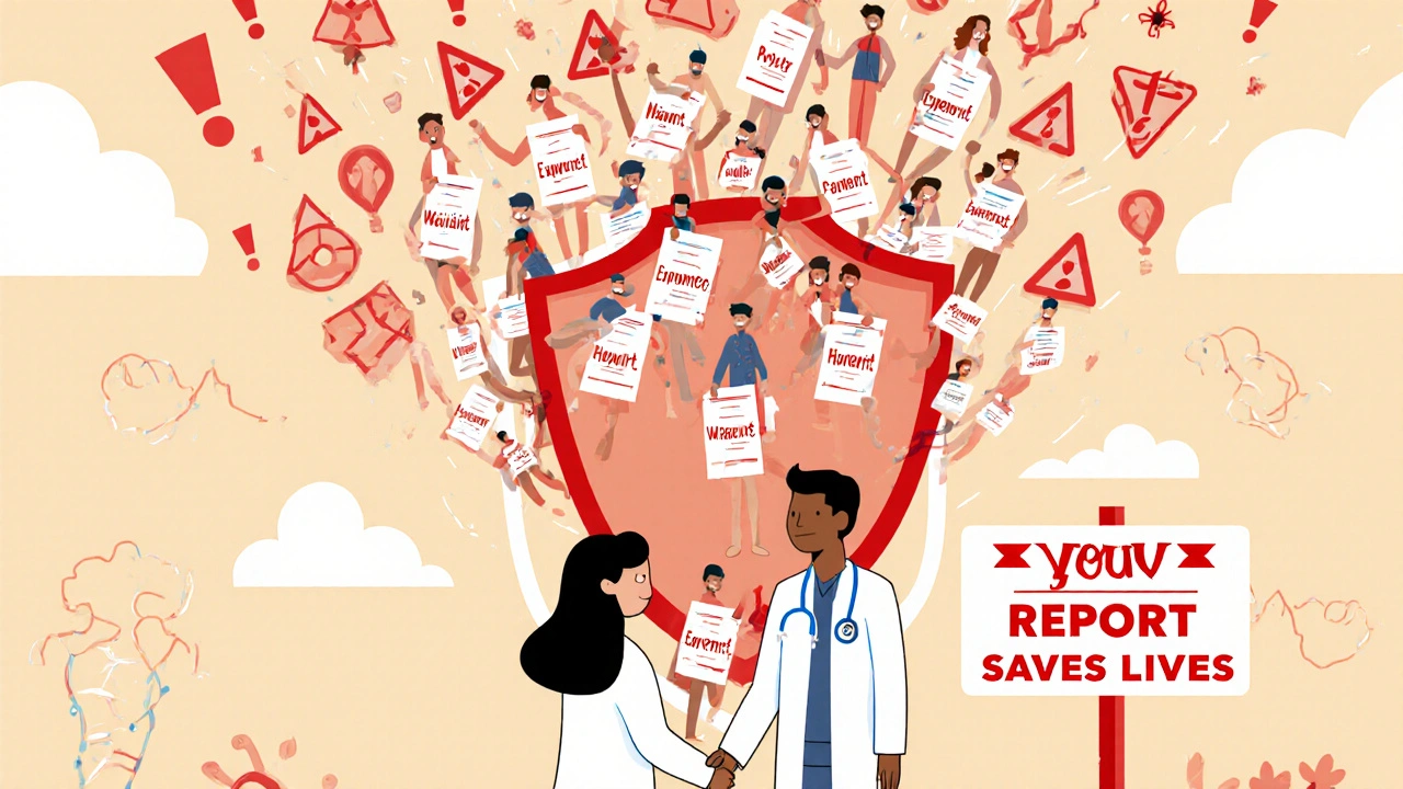 薬の瓶が盾に変わり、中から多くの人が報告を守る様子、危険な警告から人々を守るイメージ