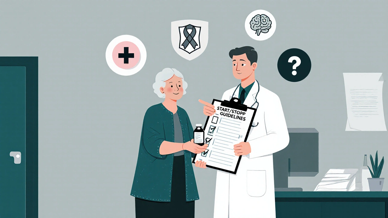 医師と女性がSTART/STOPPガイドラインを確認しながら、薬のリスクと安全な減量について話し合っている場面。