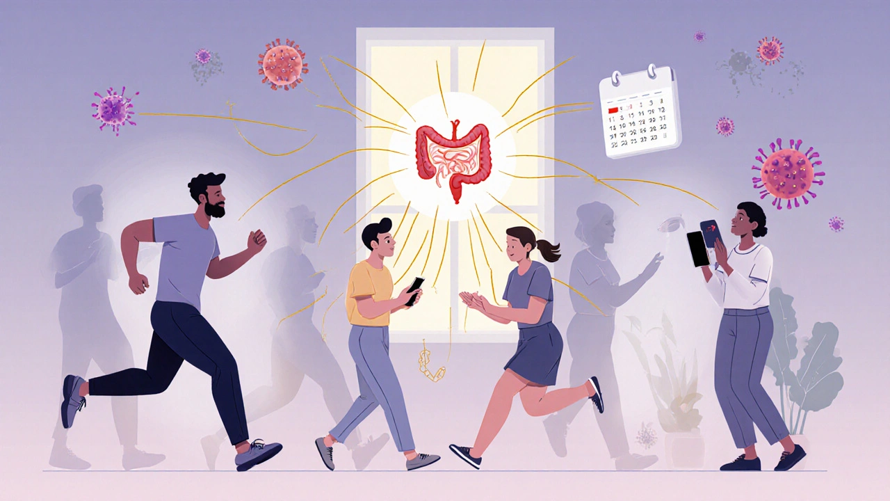 移植患者が健康な生活を送り、ウイルスやがんの影が後退する様子。