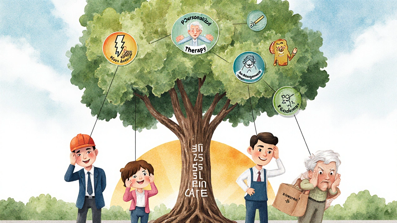 異なる痛みを持つ人々が個人化された治療につながる木に結ばれているイラスト。2025年のガイドラインを象徴する。