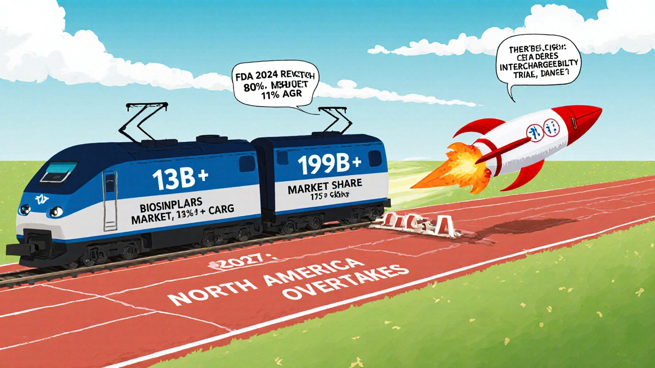 ヨーロッパとアメリカのバイオシミラー市場成長のレースを象徴するイラスト。ヨーロッパがリードし、アメリカが急加速している様子。