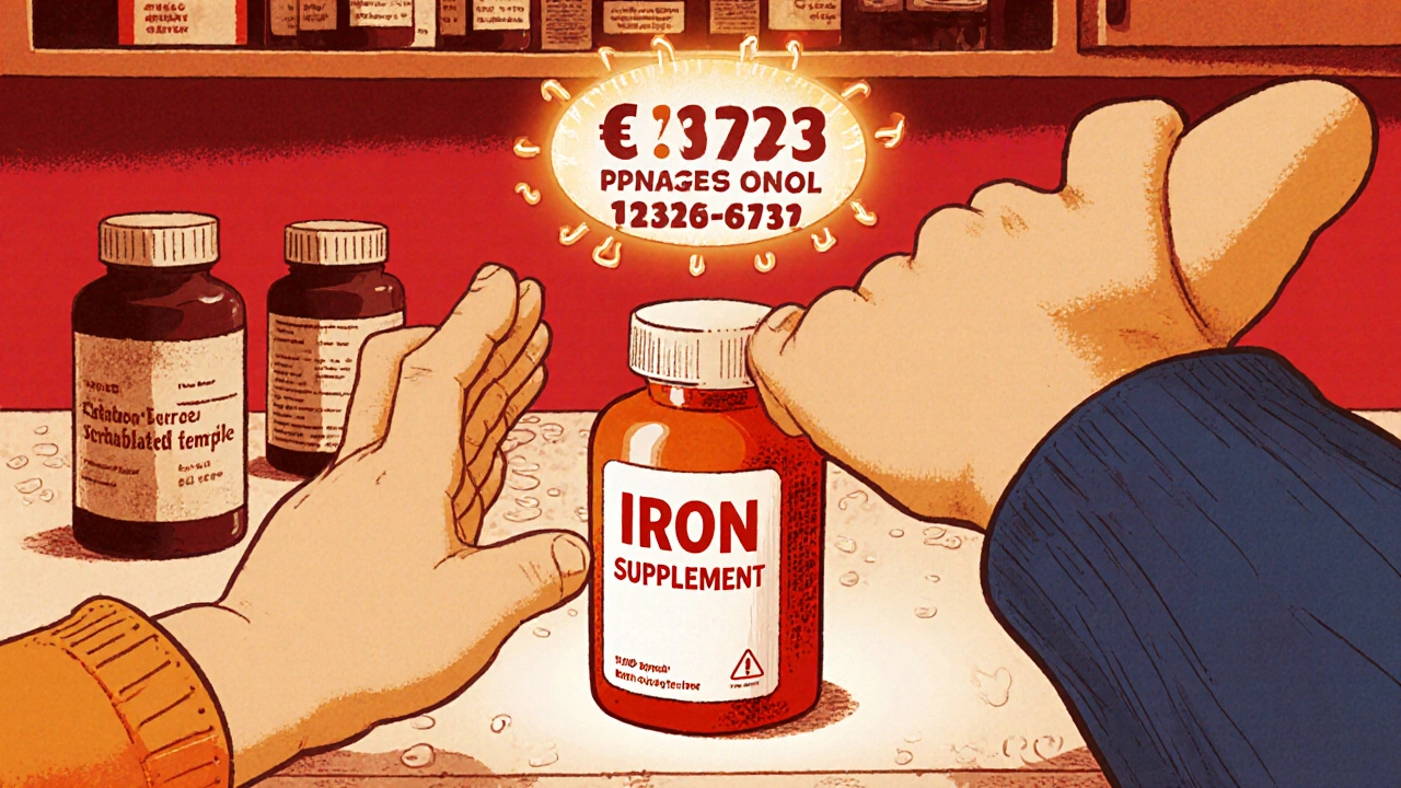 子どもが鉄サプリを手に取ろうとする瞬間、親がそれを止める場面。