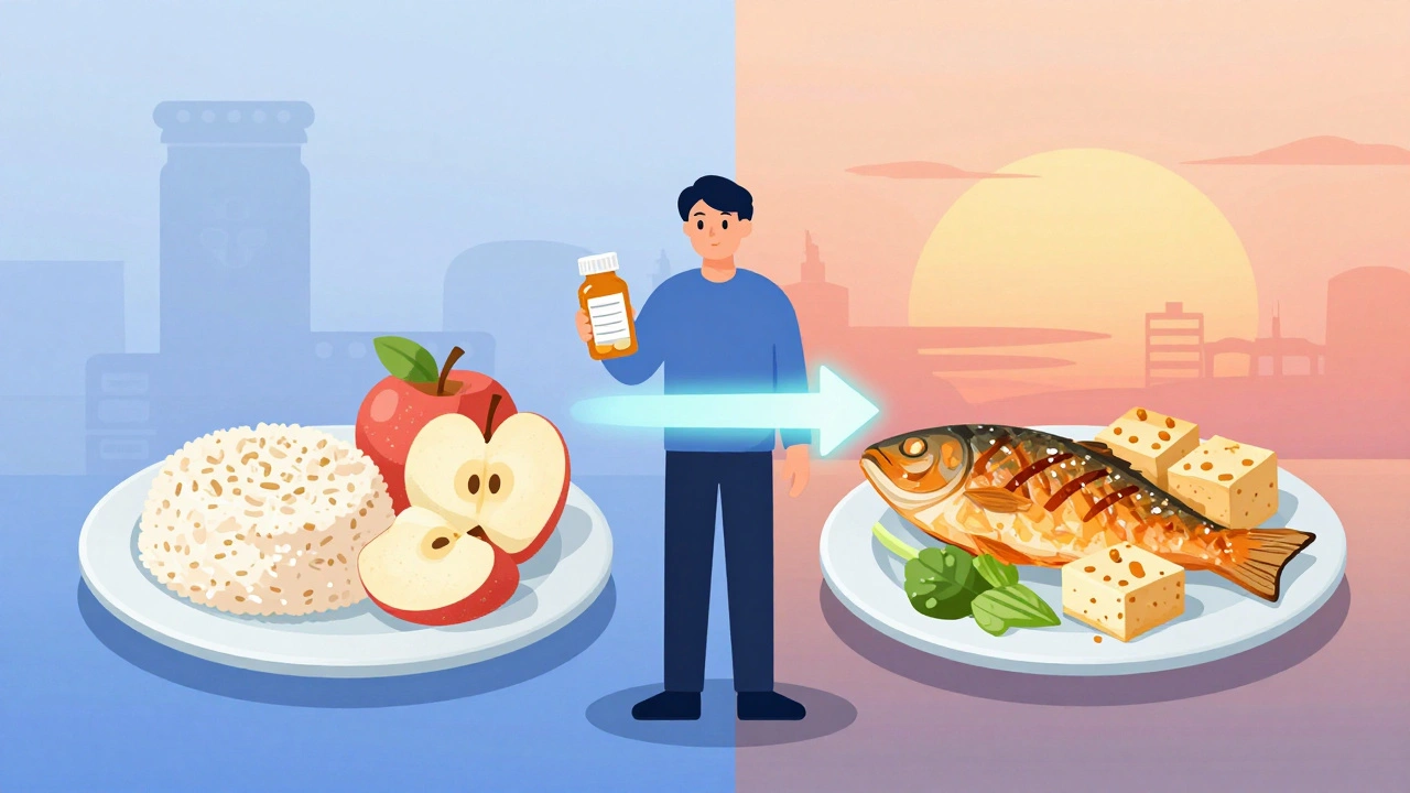 1日のたんぱく質摂取を朝昼は控えめに、夕食で多くするプランのビジュアル。