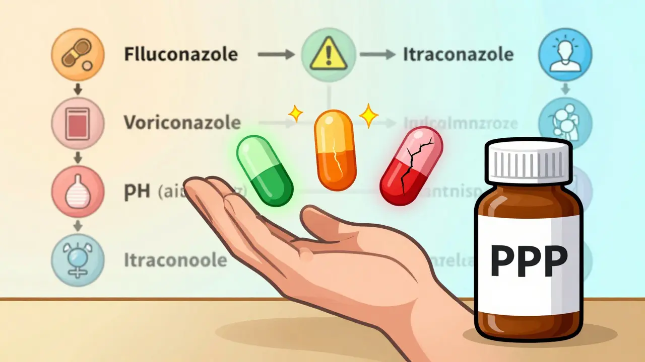 3種類の抗真菌薬とPPIの吸収影響を比較したイラスト。フコナゾールは安定、イトラコナゾールは効果が失われている。