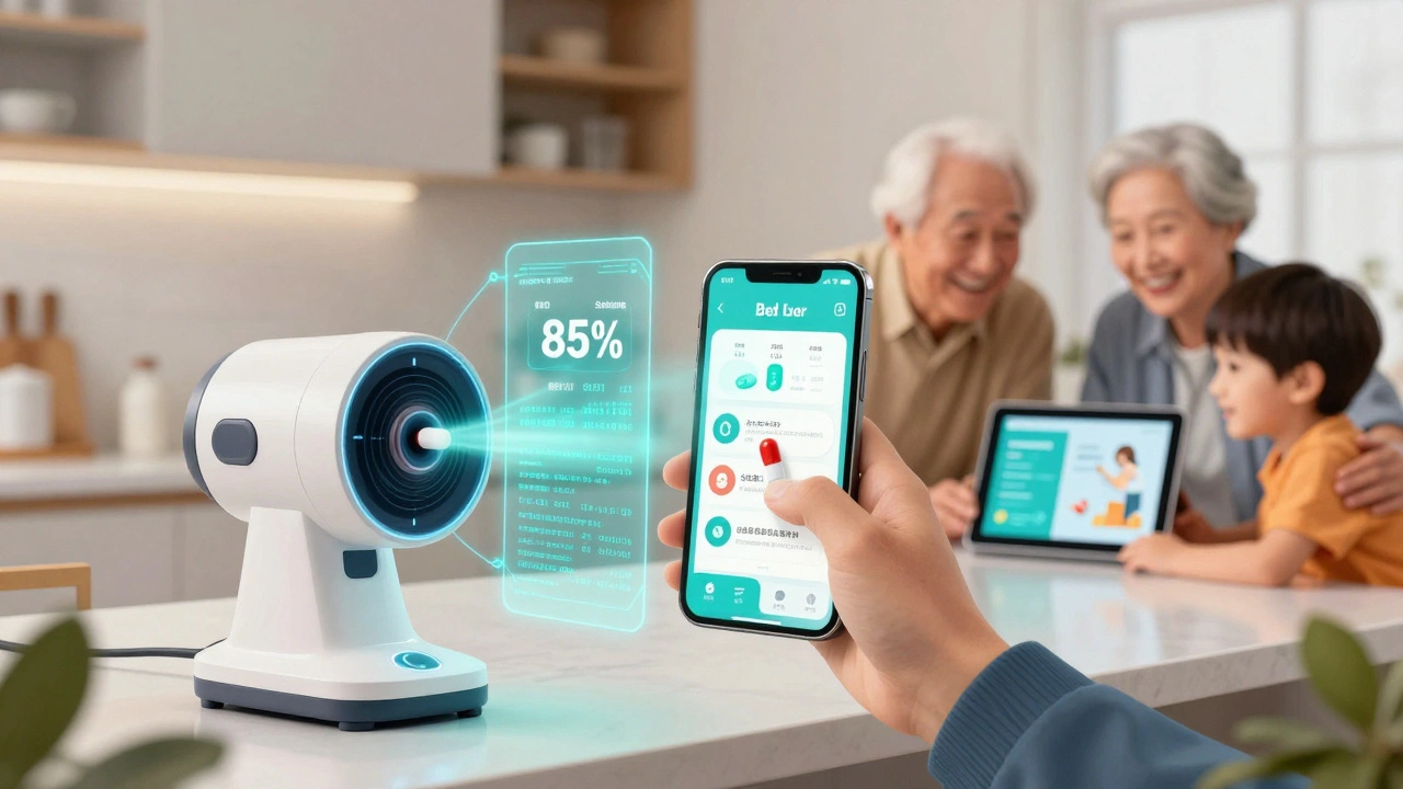 AIが薬の成分をカメラで識別し、遺伝子情報に基づいた最適な薬の提案を表示している様子。