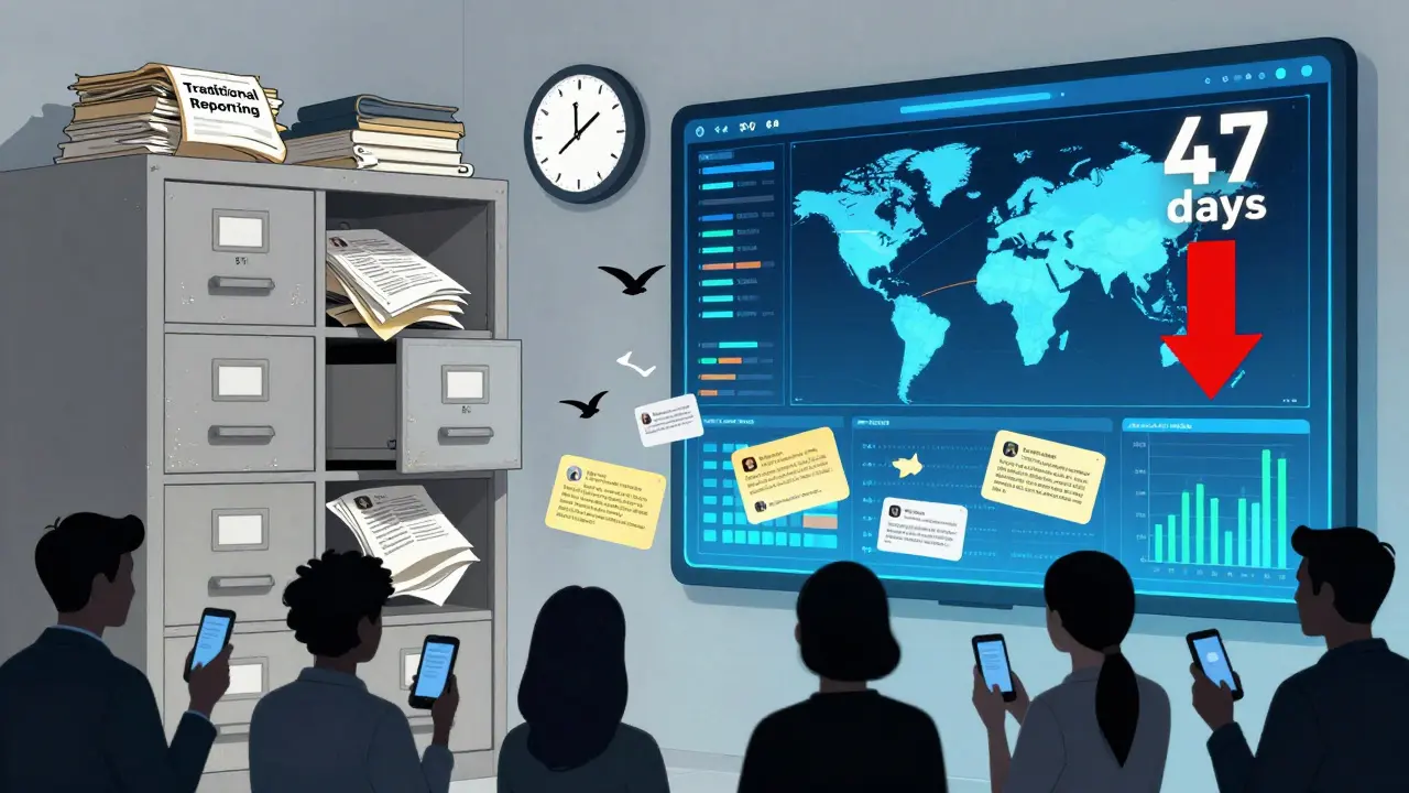 従来の報告システムとソーシャルメディア監視の比較。左は古びた書類棚、右は鮮やかなデジタルデータストリーム。